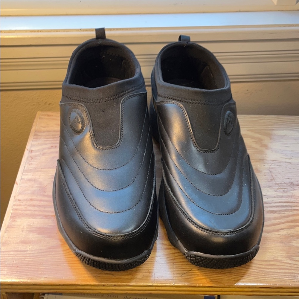 Propet Black Men's Slip Ons with Stretch Opening Slip Resistant Soles 14